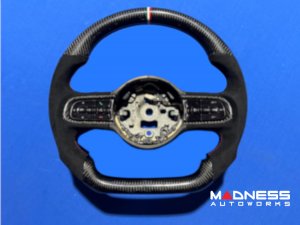 FIAT 500e Gen2 Custom Steering Wheel - Carbon Fiber - Round Top/ Flat Bottom w/ Italian Stripe - Alcantara